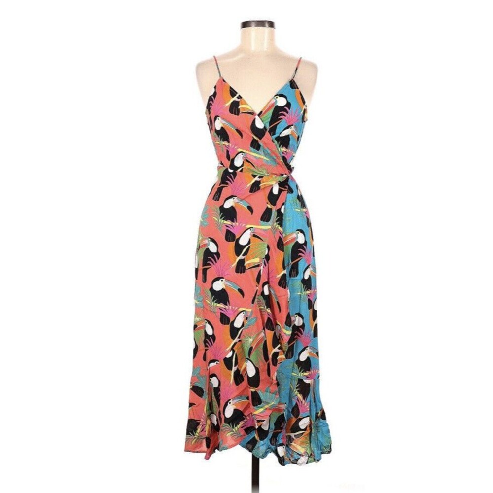 Farm Rio Toucan Wrap Dress Anthropologie Tropical Birds Maxi Size Small